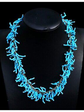 ZAD Turquoise Bugle and Seed Bead Fringe Collar Necklace 18" Adjustable